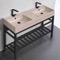 Beige Travertine Design Double Ceramic Console Sink and Polished Chrome Base, 48